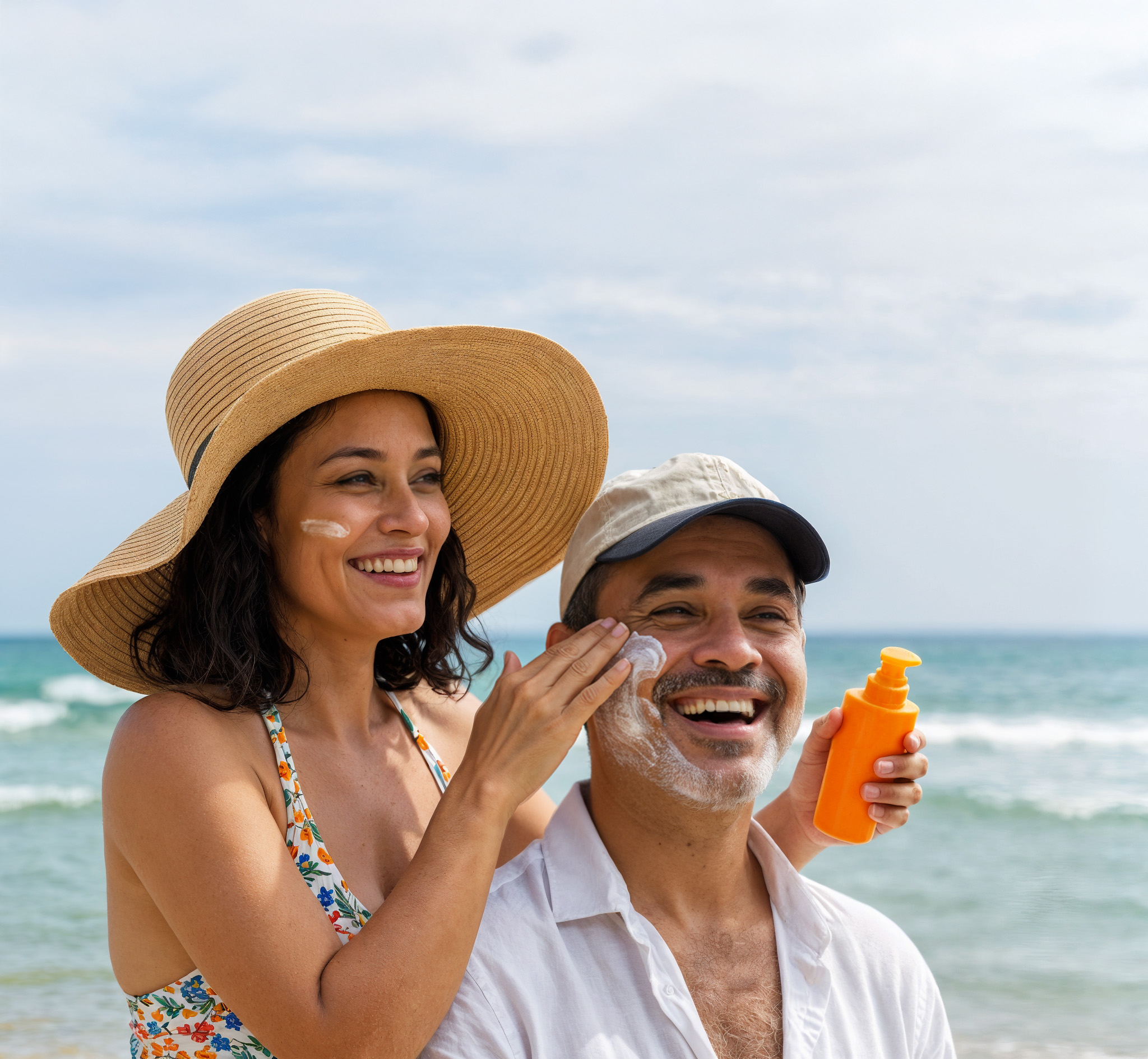 Una pareja sonriendo y aplicandose bloqueador