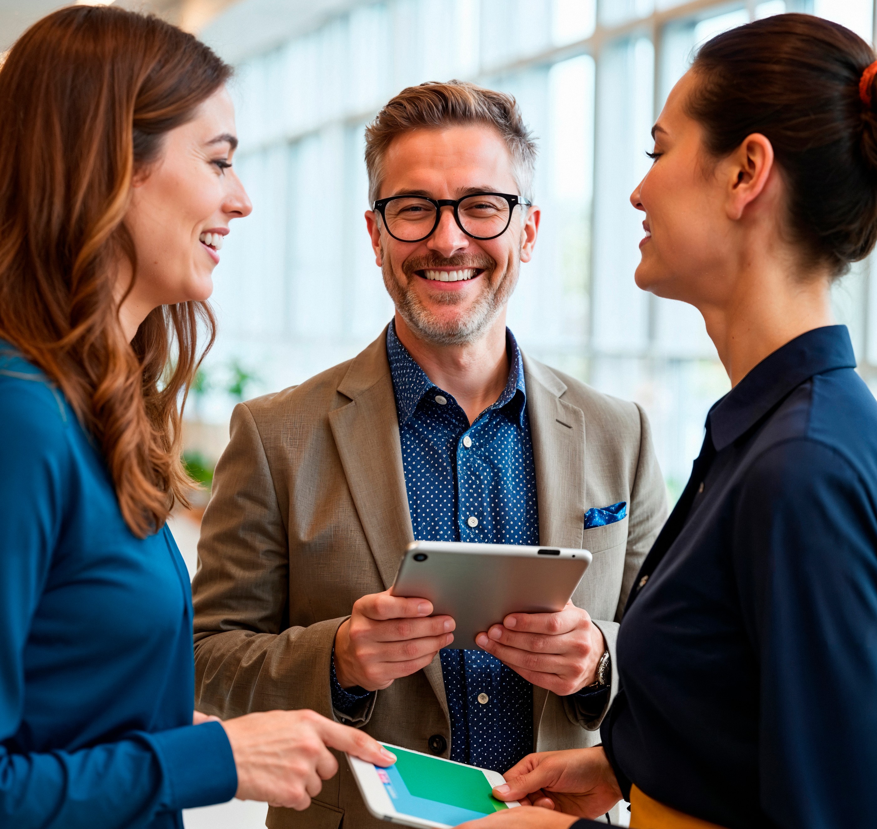 Tres profesionales conversando en entorno corporativo.