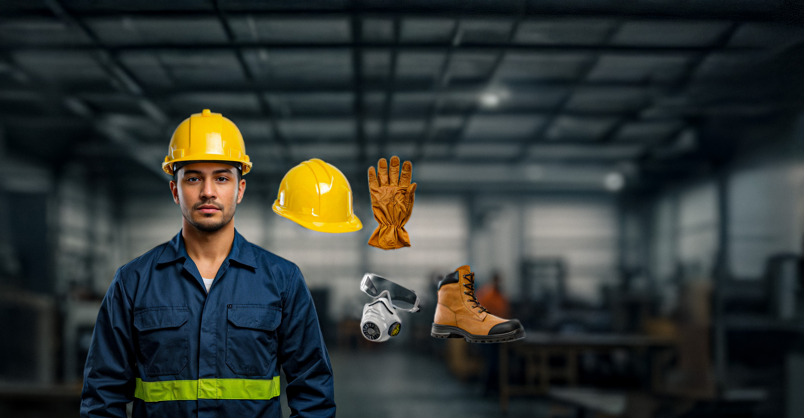 Una persona y a su lado elementos de seguridad, como casco, guantes, gafas y botas