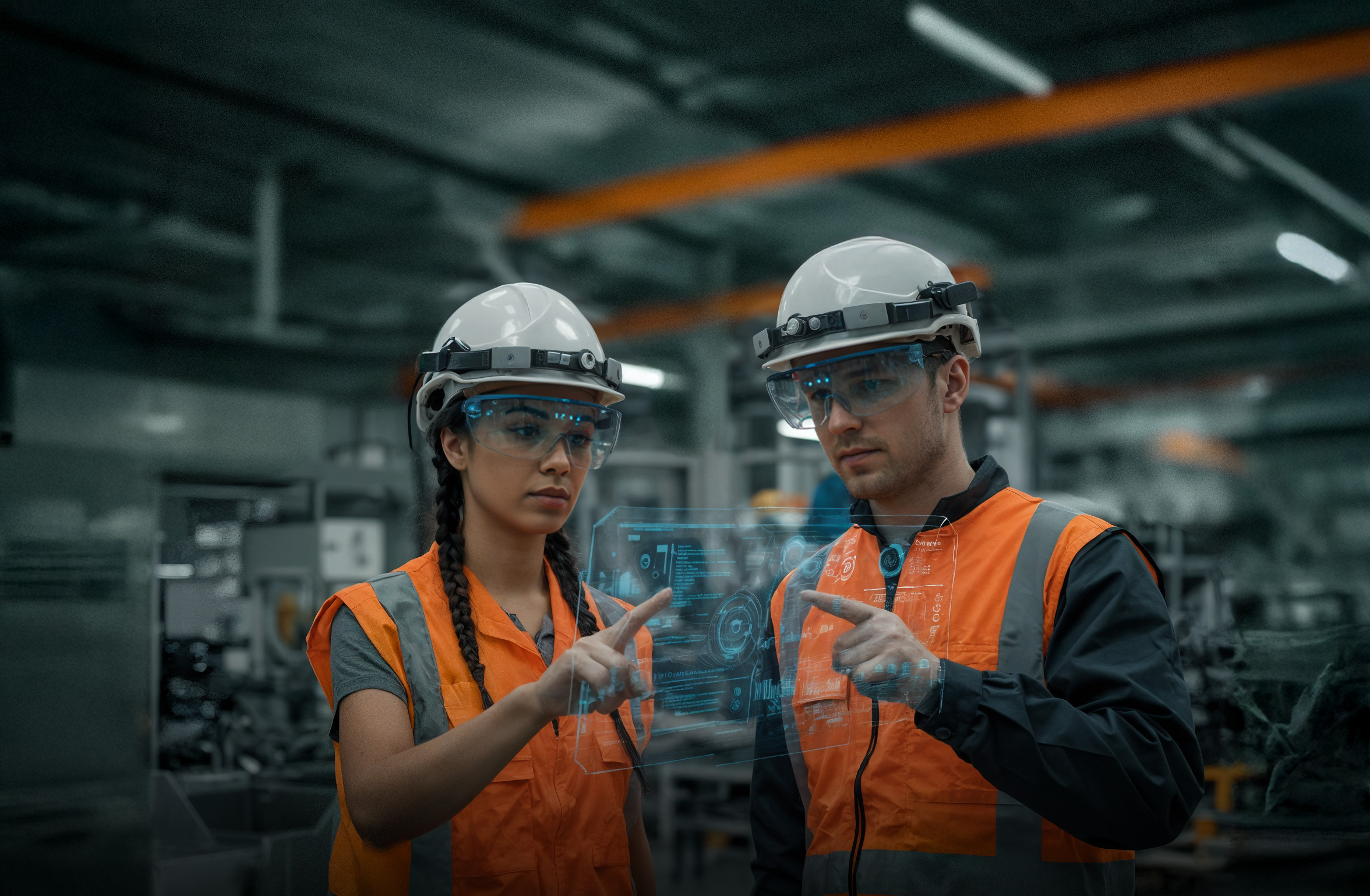 Trabajadores industriales con casco revisando información en planta.