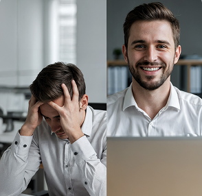 Al lado izquierdo está un hombre preocupado, al otro lado está el mismo hombre sonriendo